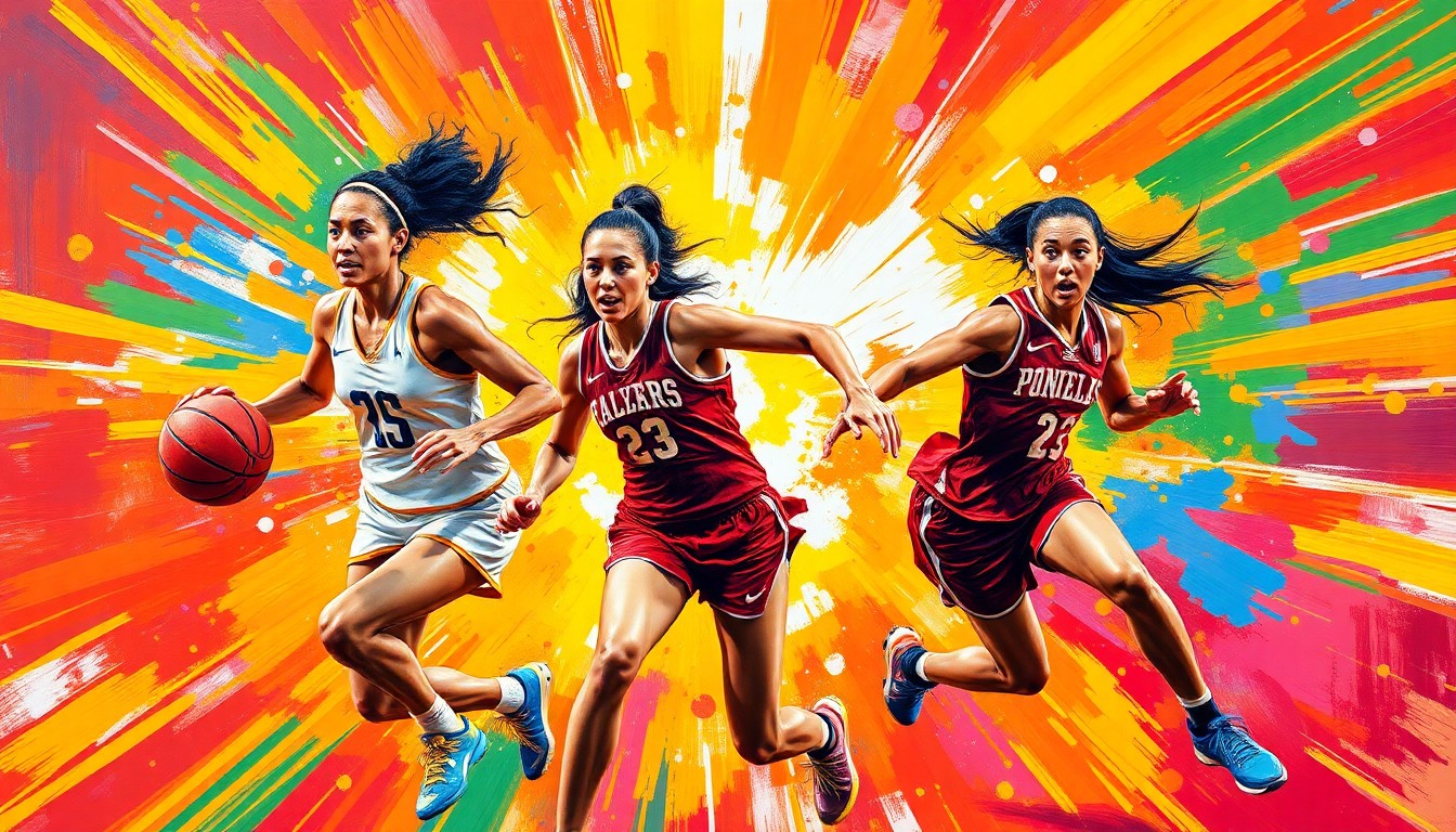 An abstract, energetic painting featuring overlapping figures of female basketball and soccer players in a blur of neon colors and expressive brushstrokes, capturing the raw athleticism and excitement of women's sports.