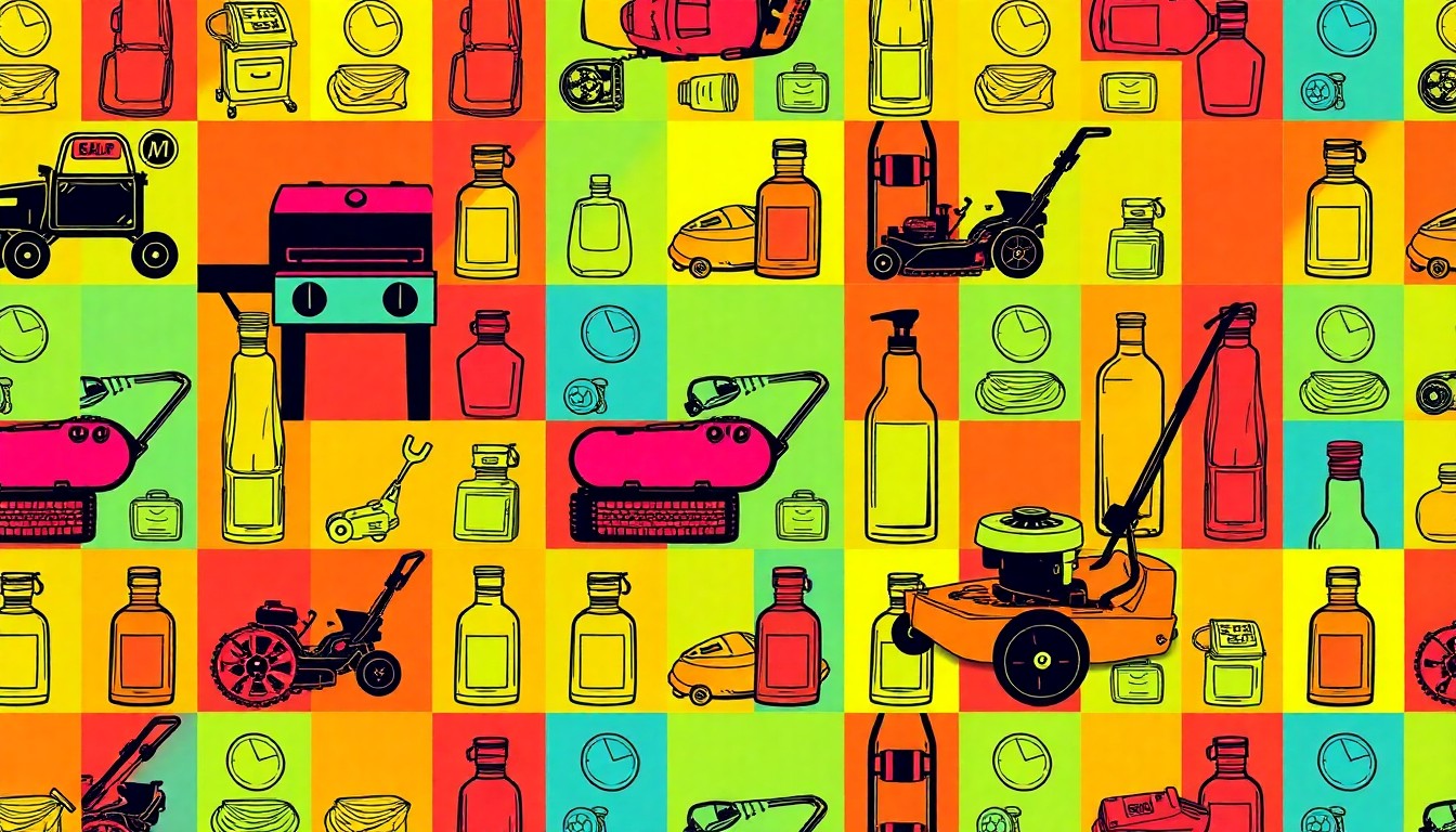 A grid of brightly colored, high-contrast silkscreen prints of an iconic outdoor grill, lawn mower, and fragrance bottle, rendered in a modern pop art style without any text or labels.