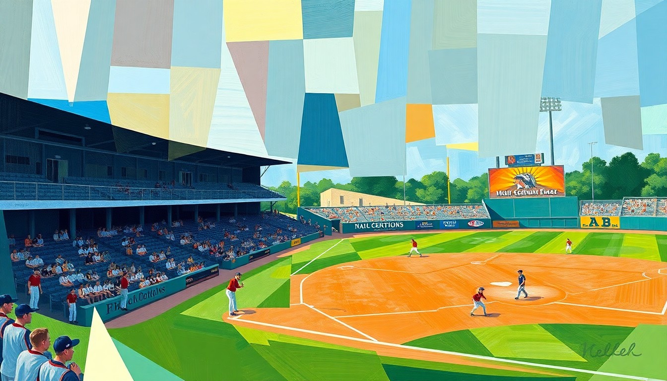 A cubist, geometric painting depicting a high school baseball game, with overlapping planes of color representing the players and action on the field.