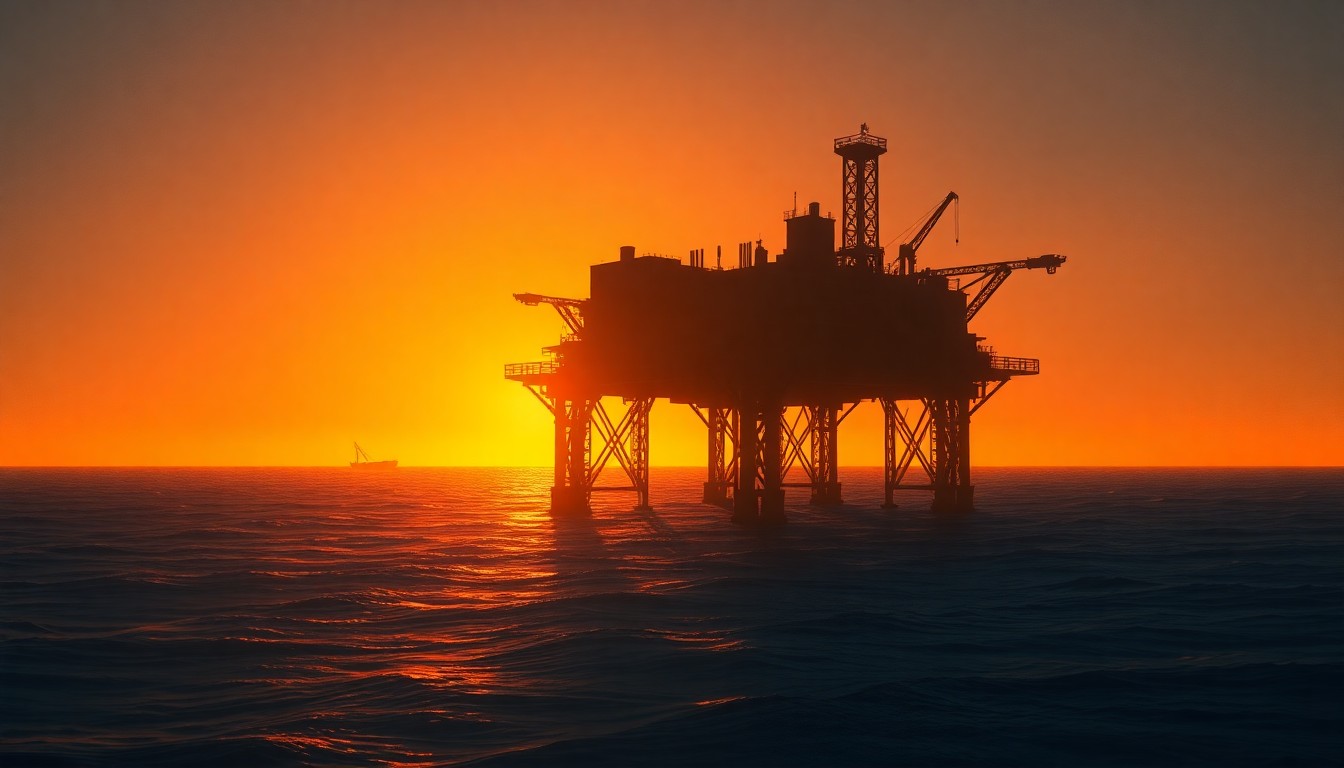A serene, photorealistic painting of a lone offshore oil rig silhouetted against a warm, golden horizon, conveying the complex relationship between human industry and the natural world.