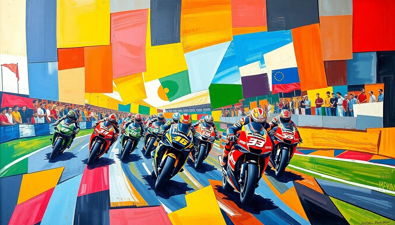 A cubist, geometric painting depicting a fractured, multi-perspective view of a MotoGP race scene, with sharp planes of color representing the teams involved in the championship.
