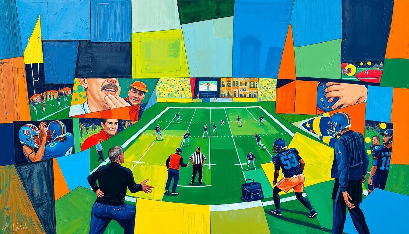 A cubist-style painting depicting a fragmented, geometric representation of a football coach on the sideline, with sharp, overlapping shapes and planes in a palette of navy, green, and orange, conveying the complexity and controversy surrounding Belichick's Hall of Fame candidacy.