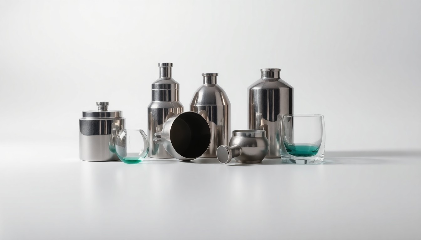 A high-end, photorealistic studio still-life photograph featuring a collection of polished metal and glass objects arranged elegantly on a clean, monochromatic background, symbolizing the complex balance between economic development and environmental protection in Mobile Bay.