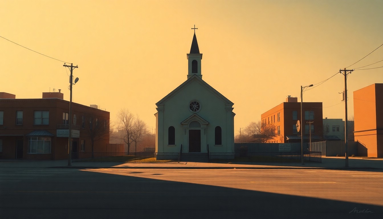 A serene, photorealistic painting of a solitary Catholic church in a deserted urban setting, with warm sunlight casting long shadows across the scene, conveying a sense of quiet contemplation and moral reflection.