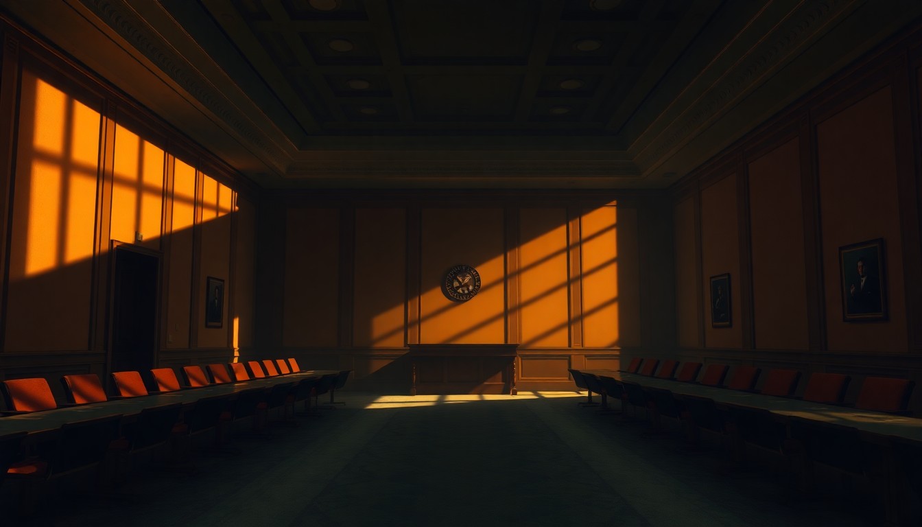 A moody, cinematic painting of an empty government conference room with warm sunlight streaming in through the windows, creating deep shadows and a contemplative atmosphere.