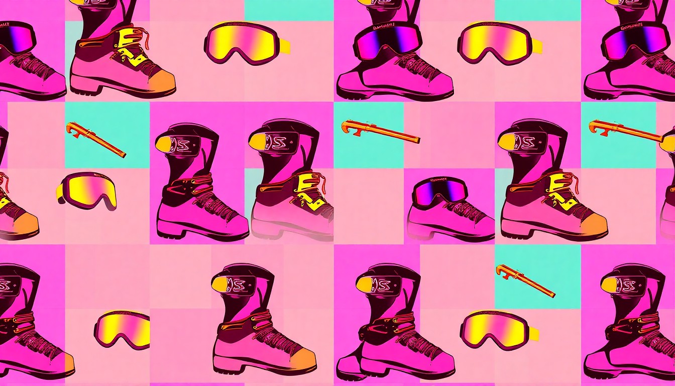 A brightly colored, high-contrast silkscreen print of a single, iconic ski boot repeated in a tight grid pattern, capturing the vibrant lifestyle and athletic spirit of the story's subject.