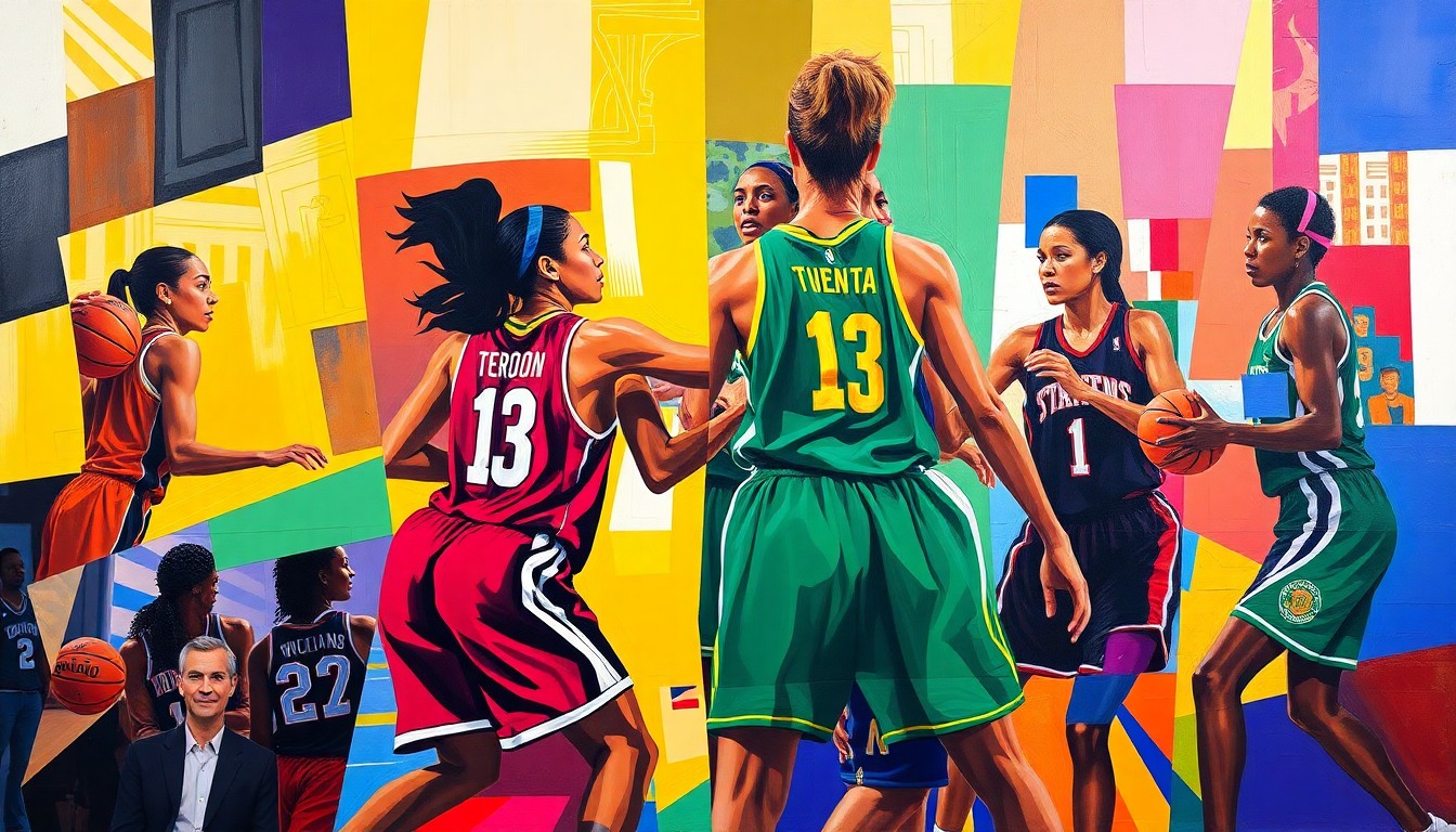 A cubist, geometric painting depicting a WNBA basketball game, with the players and court broken down into sharp, overlapping planes of color representing the uniforms of the Toronto Tempo and Seattle Storm.