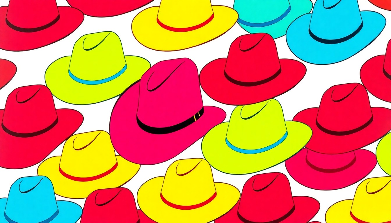 A bold, colorful silkscreen print featuring a repeating pattern of a classic cowboy hat in a neon color palette, capturing the energy and tradition of the Big Hat Days festival in Clovis.