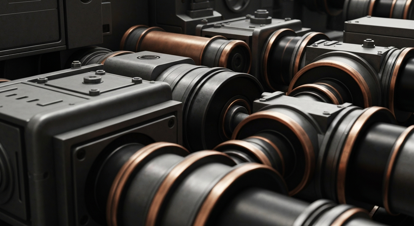 An extreme close-up of various heavy, metallic banking machines and equipment in shades of steel grey, copper, and black, conveying a sense of institutional financial power and security without using literal currency or charts.