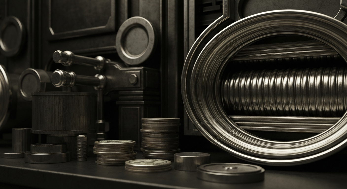 A dramatic, cinematic close-up of heavy, industrial banking machinery and objects, conveying the physical, mechanical nature of the financial system that enables real estate investments.