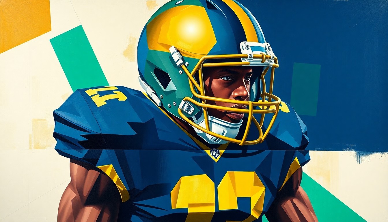 A fragmented, geometric painting in shades of blue, gold, and green, depicting a Notre Dame football player in the nickelback position from multiple angles, conveying the dynamic and strategic nature of the defensive role.