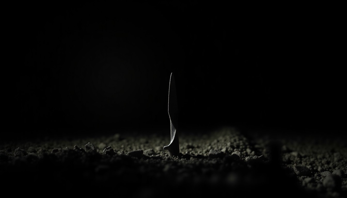 An extreme close-up photograph of a single railroad spike against a pitch-black background, capturing the harsh, gritty details of the metal object and conveying a sense of the gravity and seriousness of the incident.
