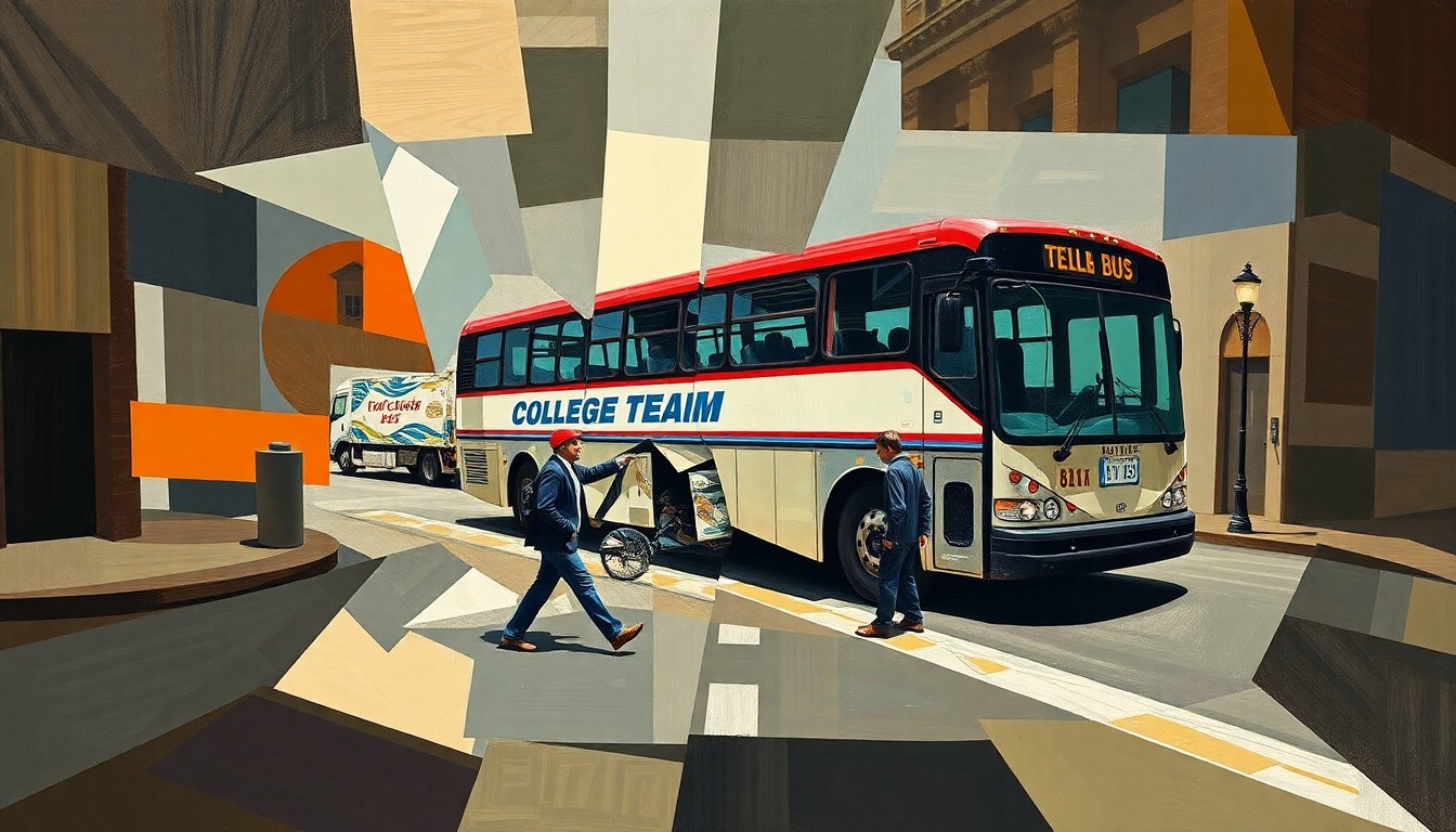 A fragmented, geometric painting depicting the chaotic scene of a college sports team bus colliding with a pedestrian, the figures and vehicles broken down into sharp, overlapping planes of color.
