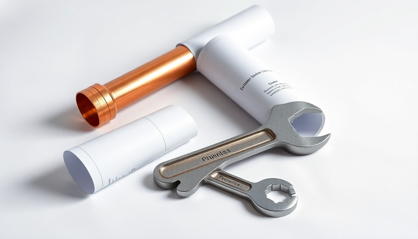 A photorealistic studio still life featuring a polished copper pipe, a wrench, and a blueprint, conveying the skilled trades that maintain homes and infrastructure.