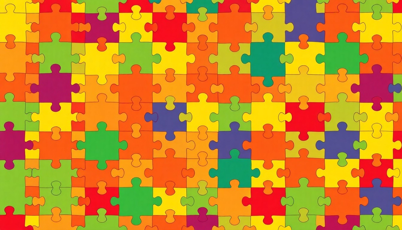 A bold, colorful silkscreen-style illustration featuring a repeating grid pattern of a simple puzzle piece icon, conceptually representing the interconnected nature of the autism community.