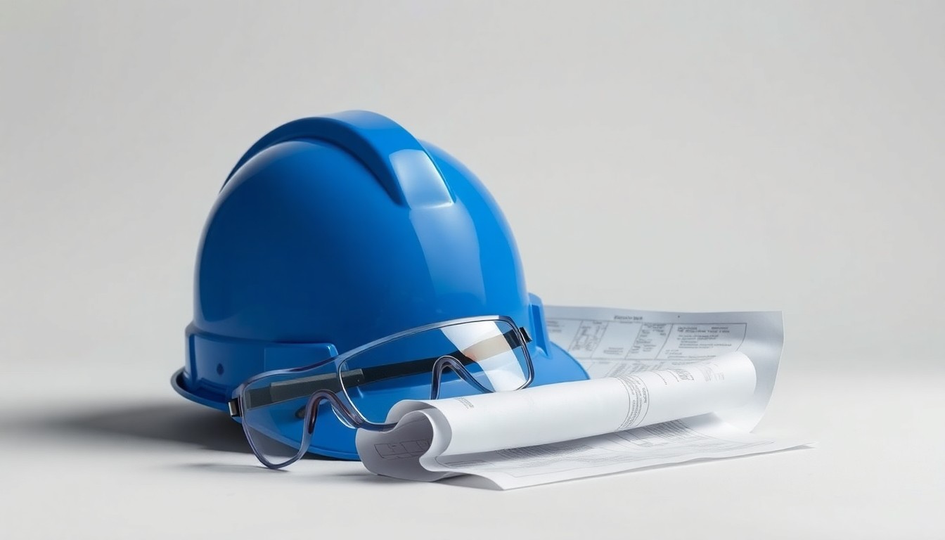 A photorealistic studio still life featuring a construction hard hat, safety goggles, and a crumpled blueprint, arranged elegantly on a clean, monochromatic background to symbolize the abstract concepts of construction site safety, legal liability, and corporate risk management.