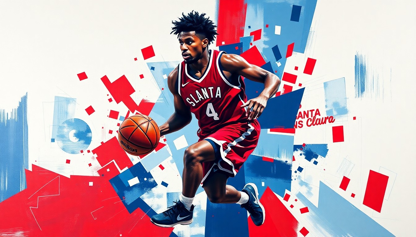 A fragmented, cubist-style painting depicting the dynamic movements of a basketball player, rendered in the official colors of the Santa Clara Broncos team.