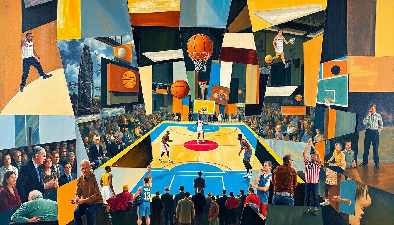 A cubist, geometric painting depicting a basketball game or match, with overlapping planes of color and shape representing the dynamic action on the court.