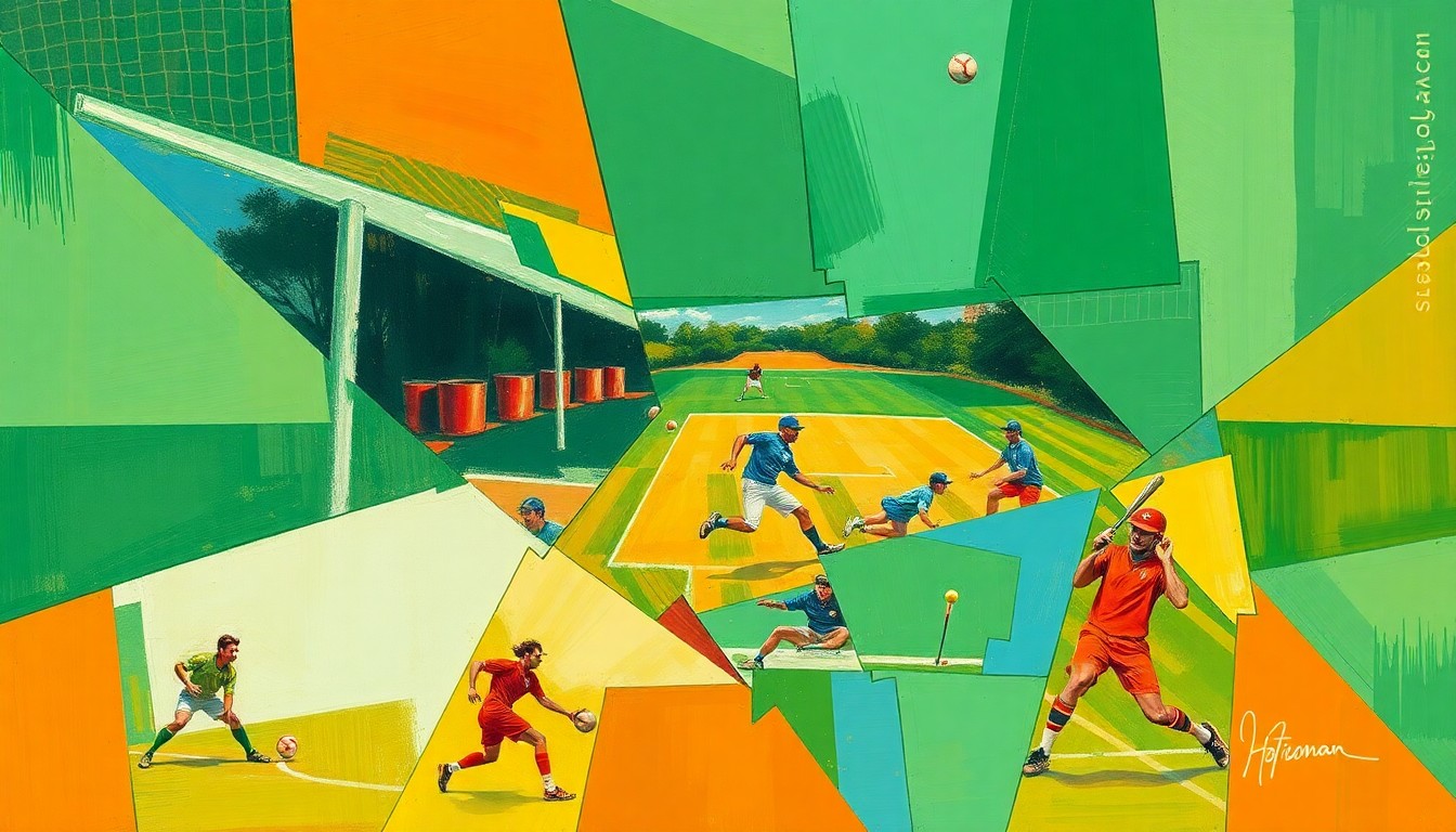 A fragmented, geometric painting in bold colors depicting various sports activities in an abstract, multi-angled composition.