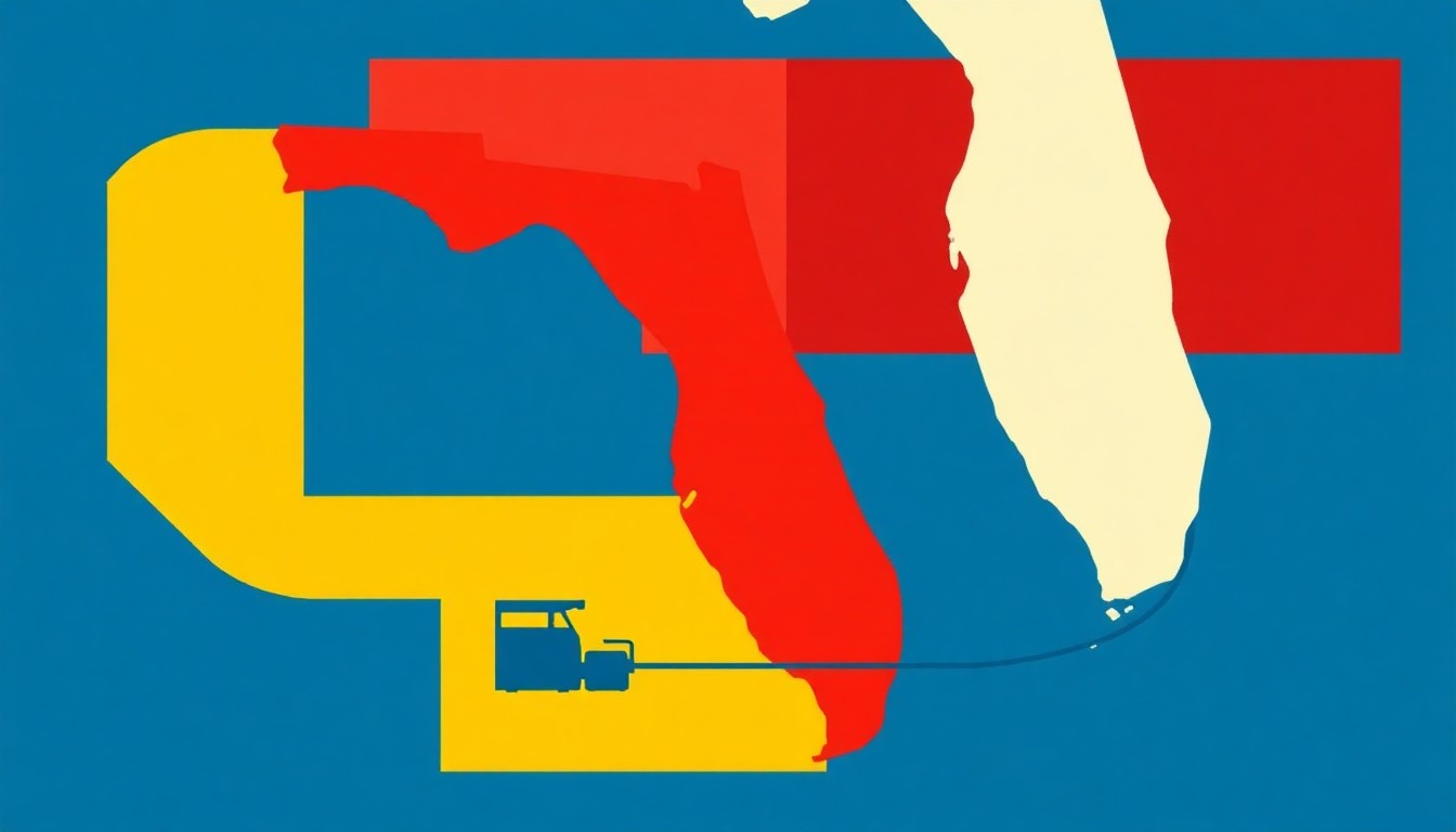 A minimalist illustration composed of bold geometric shapes in shades of blue, red, and yellow, representing the flow of fuel from the Gulf Coast to Florida. Some shapes are partially obscured or disconnected, conveying the supply chain challenges faced by the state.