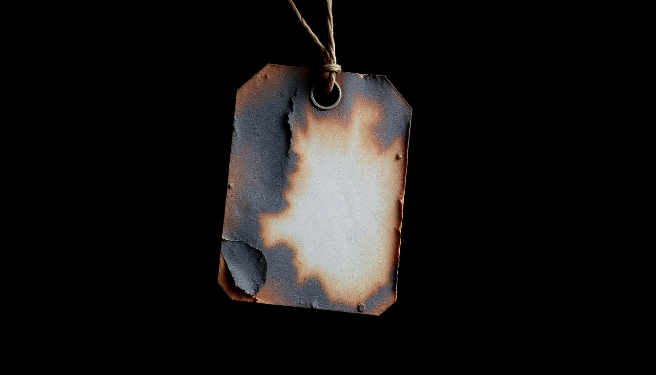 An extreme close-up photograph of a charred, melted retail price tag or security tag, conceptually illustrating the aftermath of a fire incident at a large shopping mall.