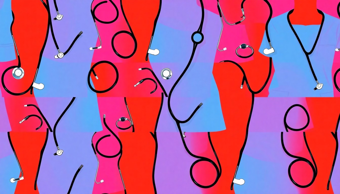 A vibrant, high-contrast silkscreen illustration featuring a repeating grid of medical scrubs and a stethoscope, conceptually representing the nursing profession and the military's endorsement of LC State's program.