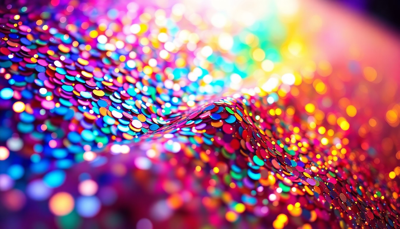 An extreme close-up photograph of shimmering, glittering sequins in a kaleidoscope of vibrant colors, capturing the high-energy, glamorous atmosphere of a major music festival.