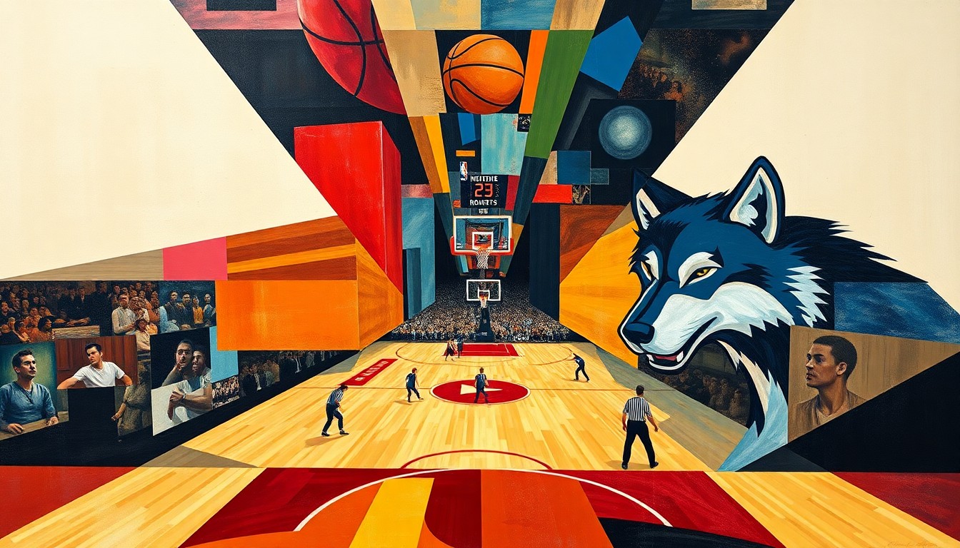 A cubist, geometric painting depicting fragmented, overlapping scenes of a basketball game, with players and the court broken down into sharp, angular shapes and planes of color.