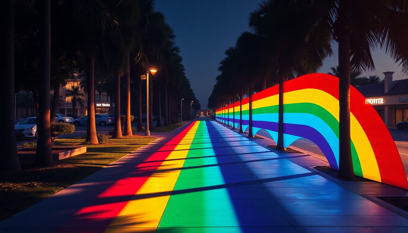 A cinematic painting of a sunlit, textured sidewalk in shades of red, orange, yellow, green, blue, and purple, conceptually representing the rainbow colors of the new installation in Miami Beach's Lummus Park.