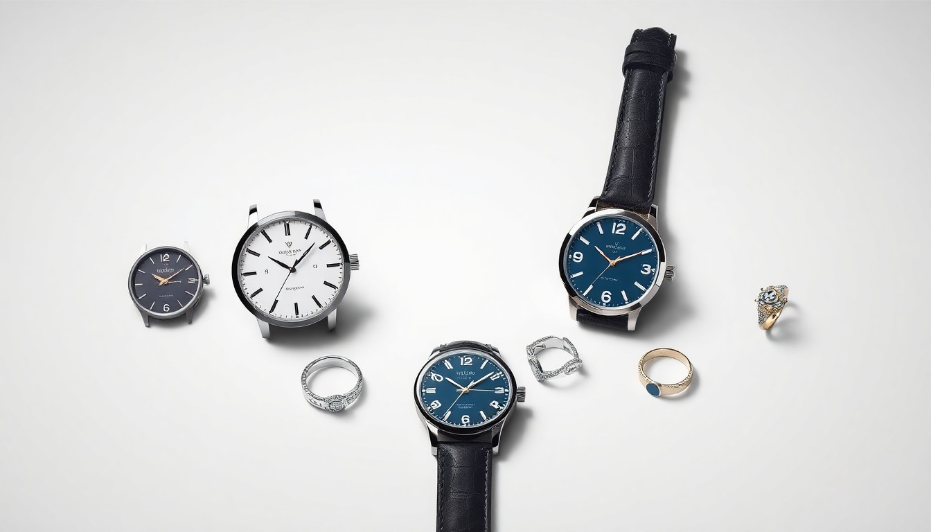 A minimalist studio still life photograph featuring a collection of premium Swiss watches and fine jewelry arranged elegantly on a clean, monochromatic background, conceptually representing the refined craftsmanship and exclusivity of The 1916 Company's offerings.