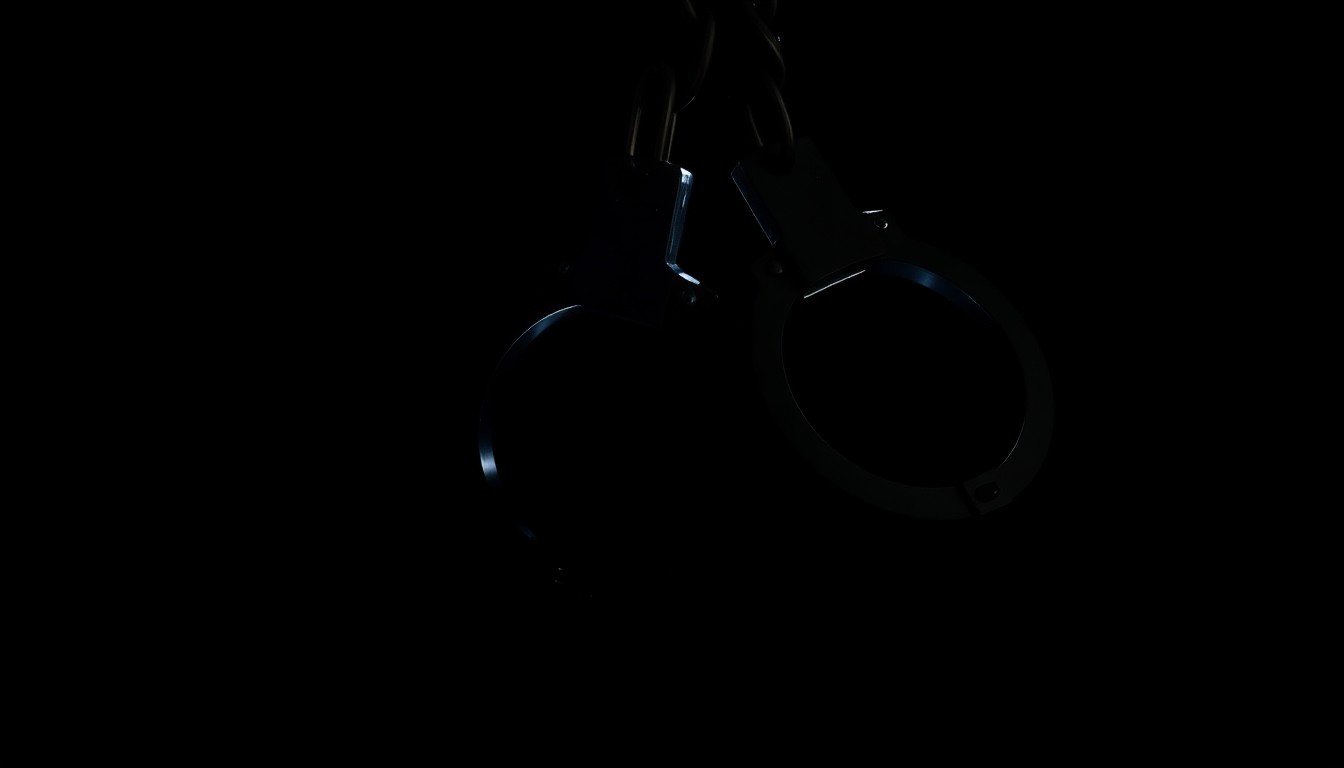 An extreme close-up photograph of a pair of handcuffs against a stark, black background, creating a gritty, investigative aesthetic through the use of harsh, direct lighting.
