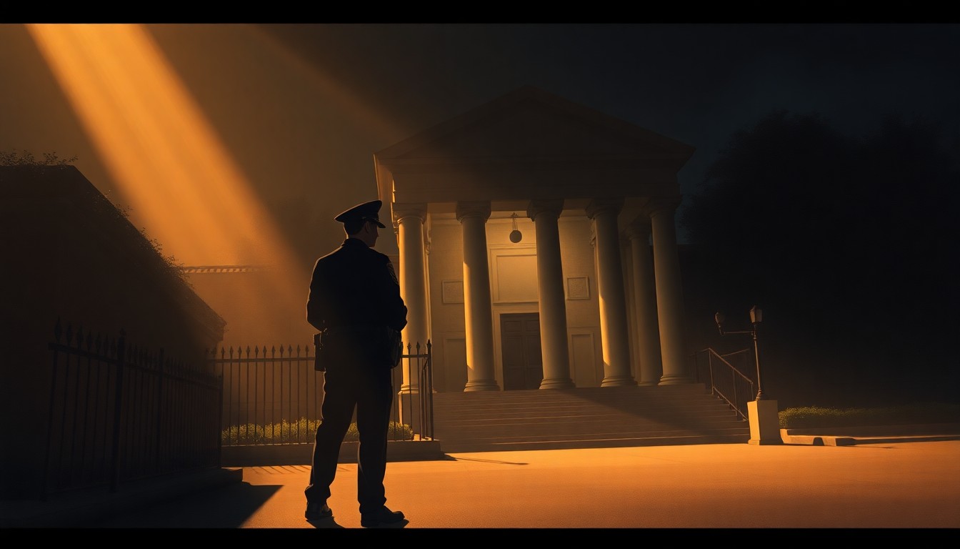 A photorealistic painting depicting a lone police officer standing guard outside a government building, the scene bathed in warm, golden light and deep shadows, conveying a sense of solitude and the weight of responsibility.