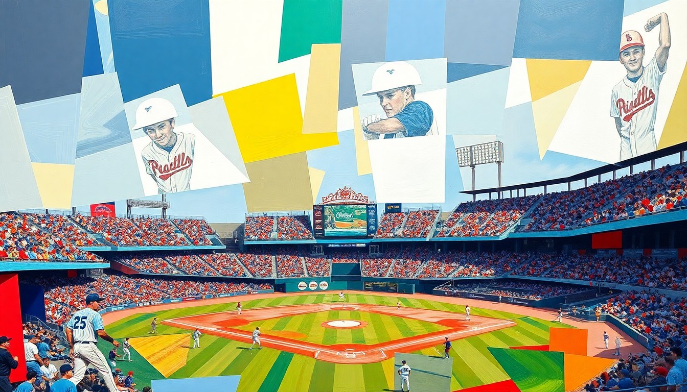 A fractured, geometric painting depicting the motion and competition of a minor league baseball game, with sharp planes of color representing the players, field, and crowd.