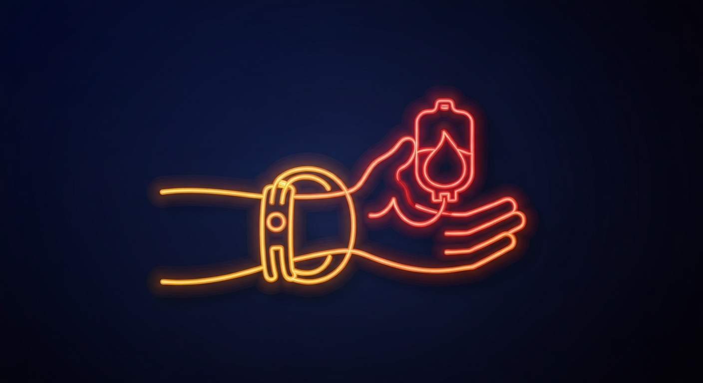 A glowing neon outline of a human arm with a tourniquet and blood bag, the vibrant lines in shades of red, orange, and yellow against a dark blue background, conceptually representing the energy and importance of blood donation.
