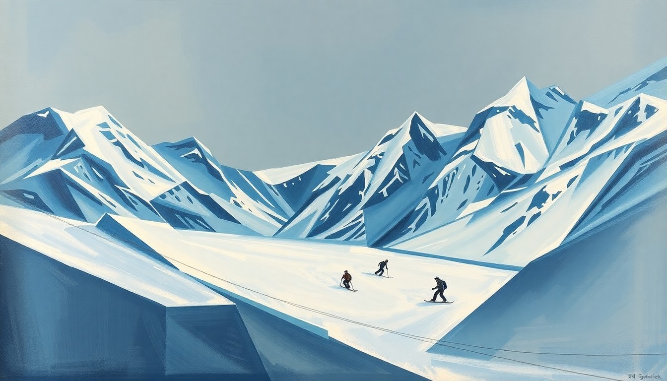 A cubist, geometric painting depicting a snowy mountain landscape with skiers, broken down into sharp, overlapping planes of muted blues, grays, and whites, conceptually representing the tragic and fragmented nature of a fatal avalanche.