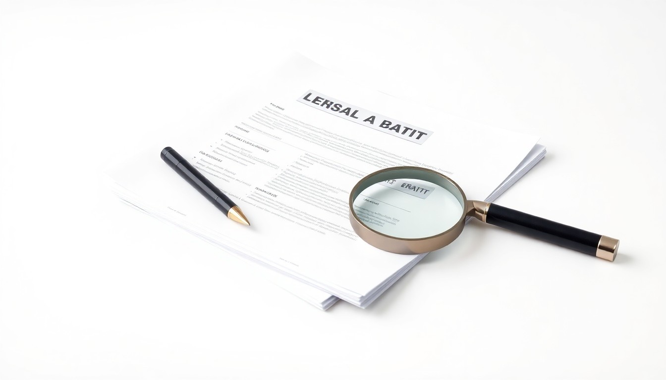 A minimalist studio still life featuring official documents, a pen, and a magnifying glass, conceptually representing the importance of regulatory compliance in the pest control industry.