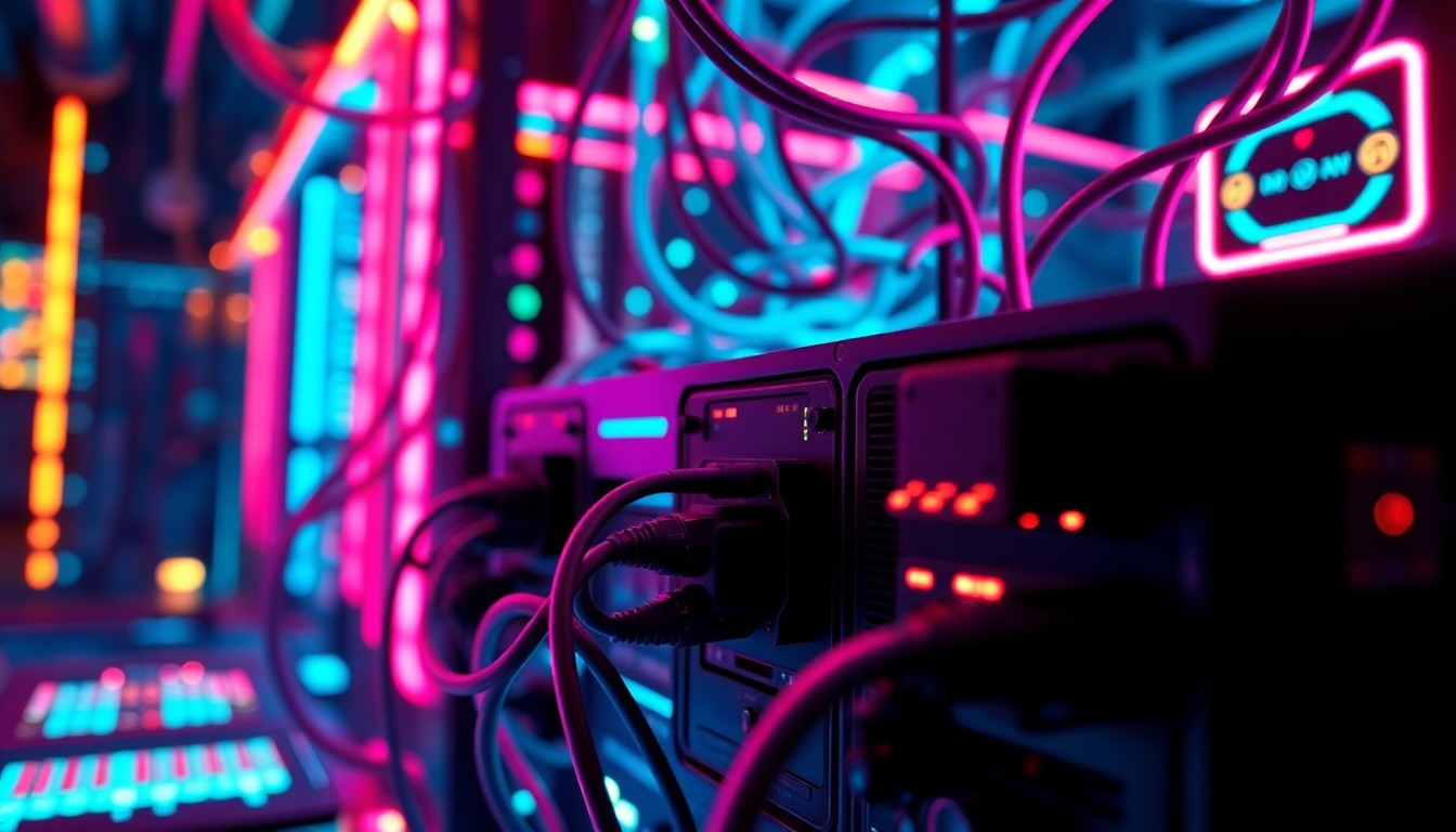 A highly detailed, 3D macro illustration featuring glowing, neon-lit technology infrastructure and devices, conceptually representing the dynamic and technologically-driven world of Colorado's content creators.