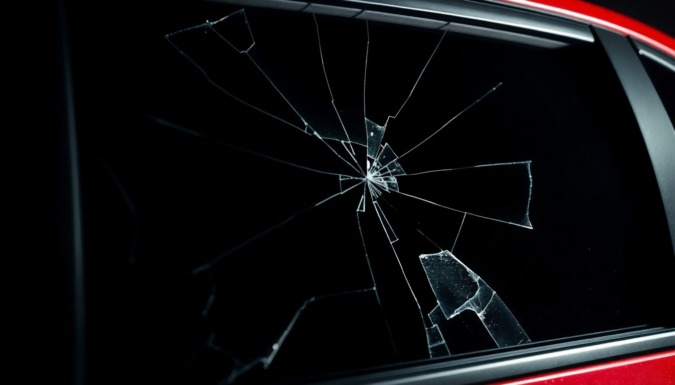 An extreme close-up photograph of a cracked and damaged car window, reflecting a faint red light, conceptually illustrating the aftermath of alleged vehicular vandalism.