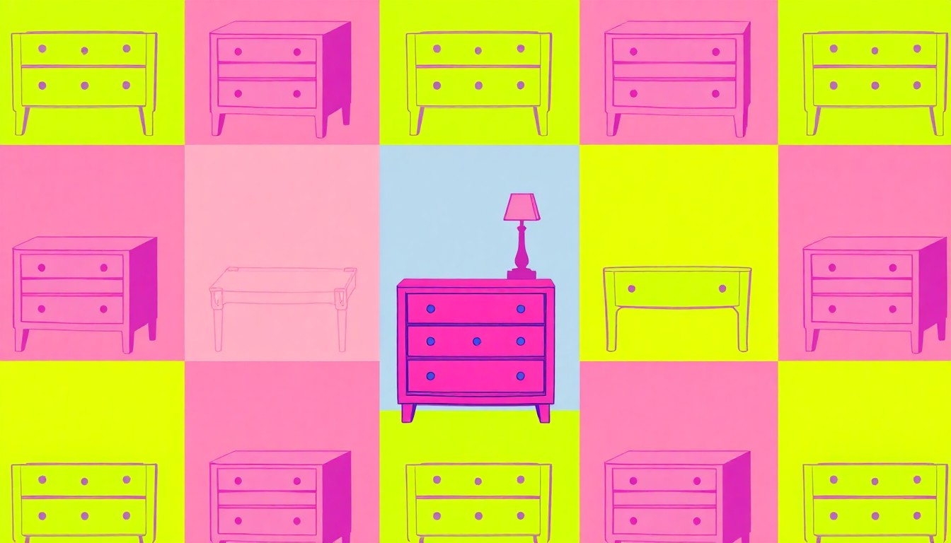 A brightly colored, high-contrast silkscreen print of a modern wooden nightstand repeated in a tight grid pattern, conceptually representing StudioLX's diverse selection of quality bedroom furnishings.