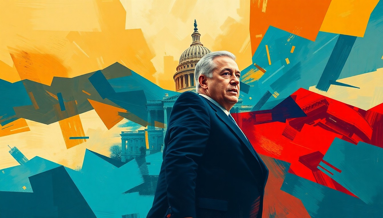 A vibrant, abstract painting featuring overlapping geometric shapes and brushstrokes in warm earth tones, deep blues, and bright reds, conceptually representing the dynamic energy and shifting political landscape of the 2026 midterm election season in Colorado.