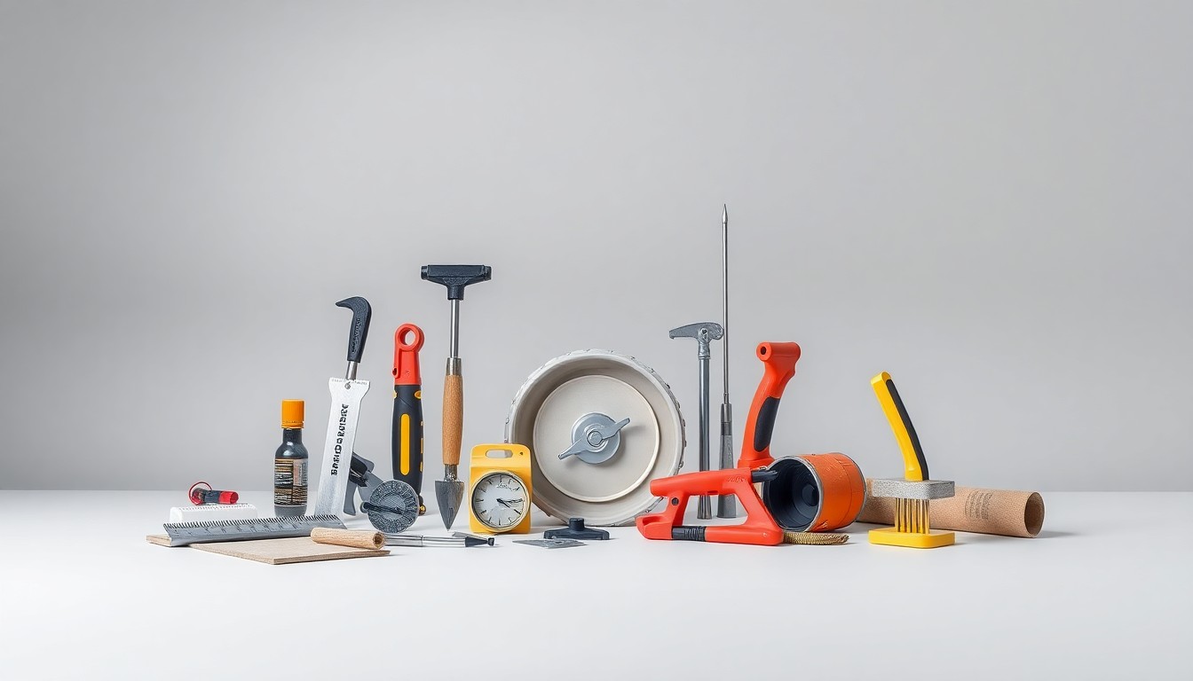 A high-end, photorealistic studio still life featuring a collection of concrete cutting tools and materials arranged elegantly on a clean, monochromatic background, conceptually representing the precision and safety of a licensed and insured concrete cutting contractor.
