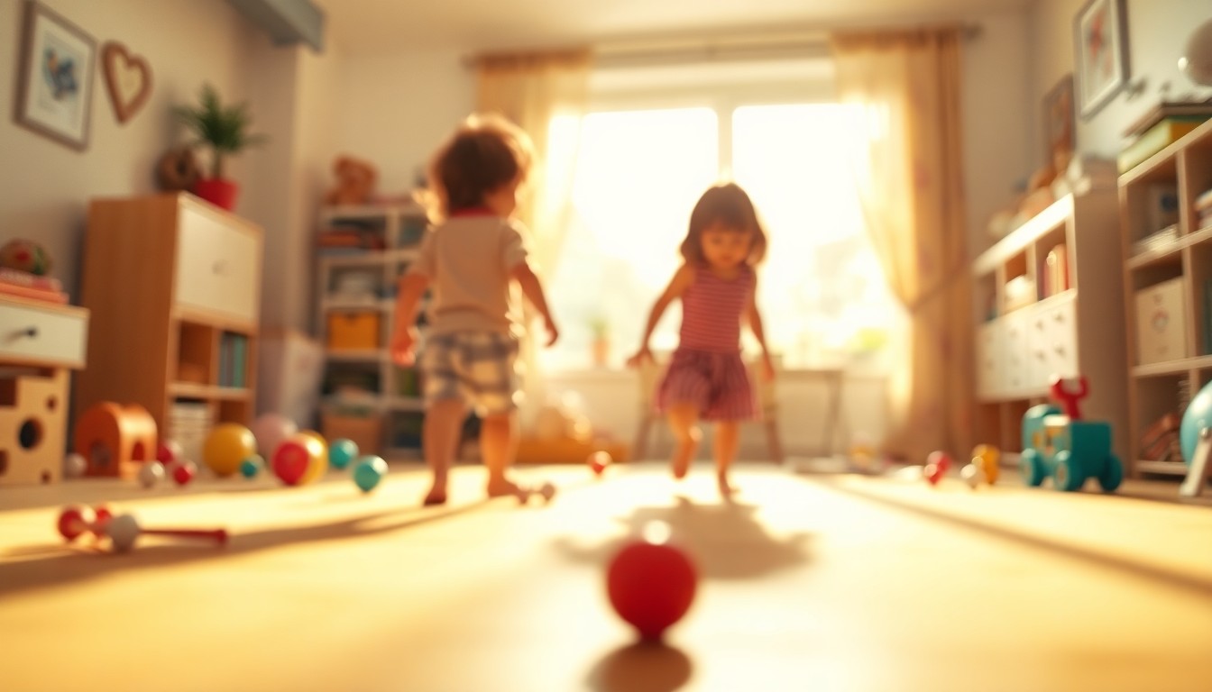 A dreamy, abstract photograph in soft, warm tones showing the blurred silhouettes of children playing with toys in a sunlit indoor space, conveying a sense of joy and possibility in the city's new universal child care initiatives.
