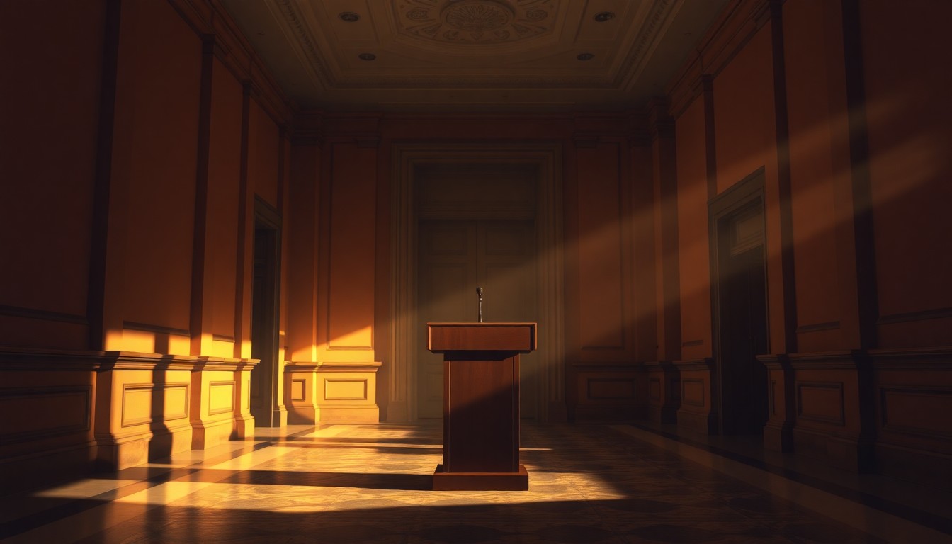 A dimly lit, cinematic painting of a solitary podium standing alone in a government building hallway, with warm diagonal sunlight and deep shadows, conceptually representing the tension between political leaders and activist movements.