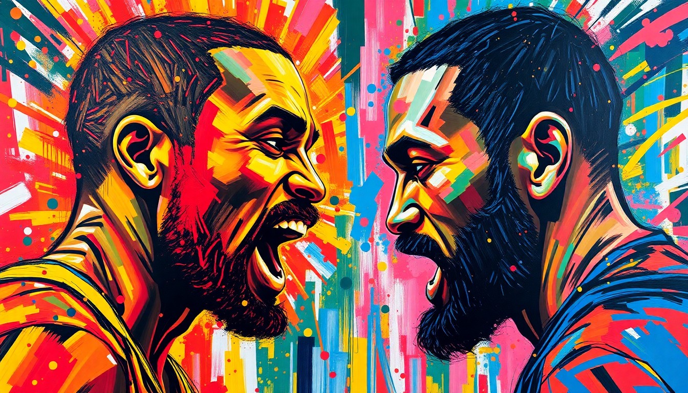 An abstract, expressionist painting in neon colors depicting the tense confrontation between Draymond Green and the fake investors, with faces and details dissolving into unrecognizable brushstrokes.