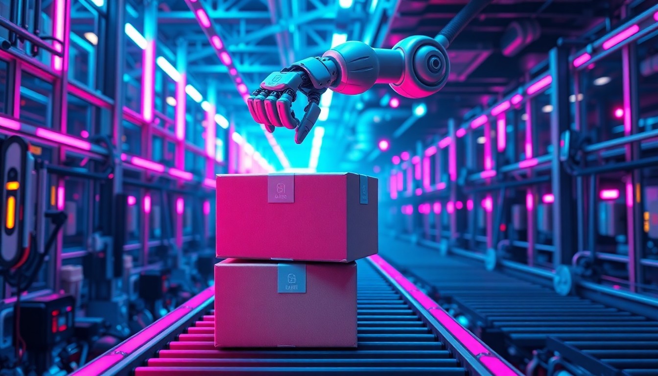 A highly detailed, glowing 3D macro illustration of an AI-powered robotic arm gripping and lifting a cardboard parcel box from a stack, surrounded by a futuristic cybernetic infrastructure of conveyor belts and sorting mechanisms, all illuminated by neon cyan and magenta lights, conceptually representing the automation of parcel handling in modern distribution centers.