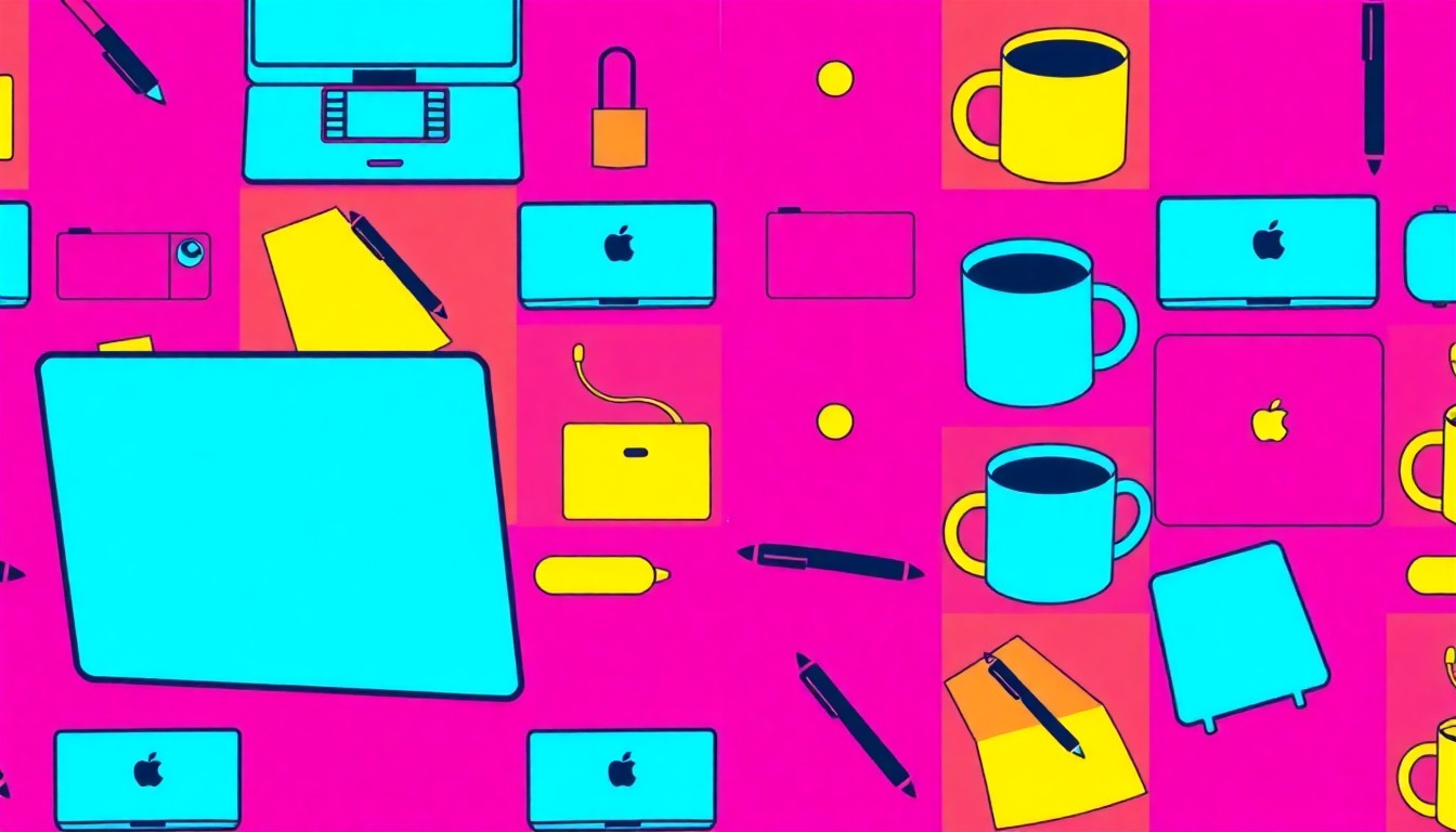 A brightly colored, high-contrast silkscreen print of a single, iconic freelance object such as a laptop or coffee mug, repeated in a tight grid pattern to create a modern pop art composition.