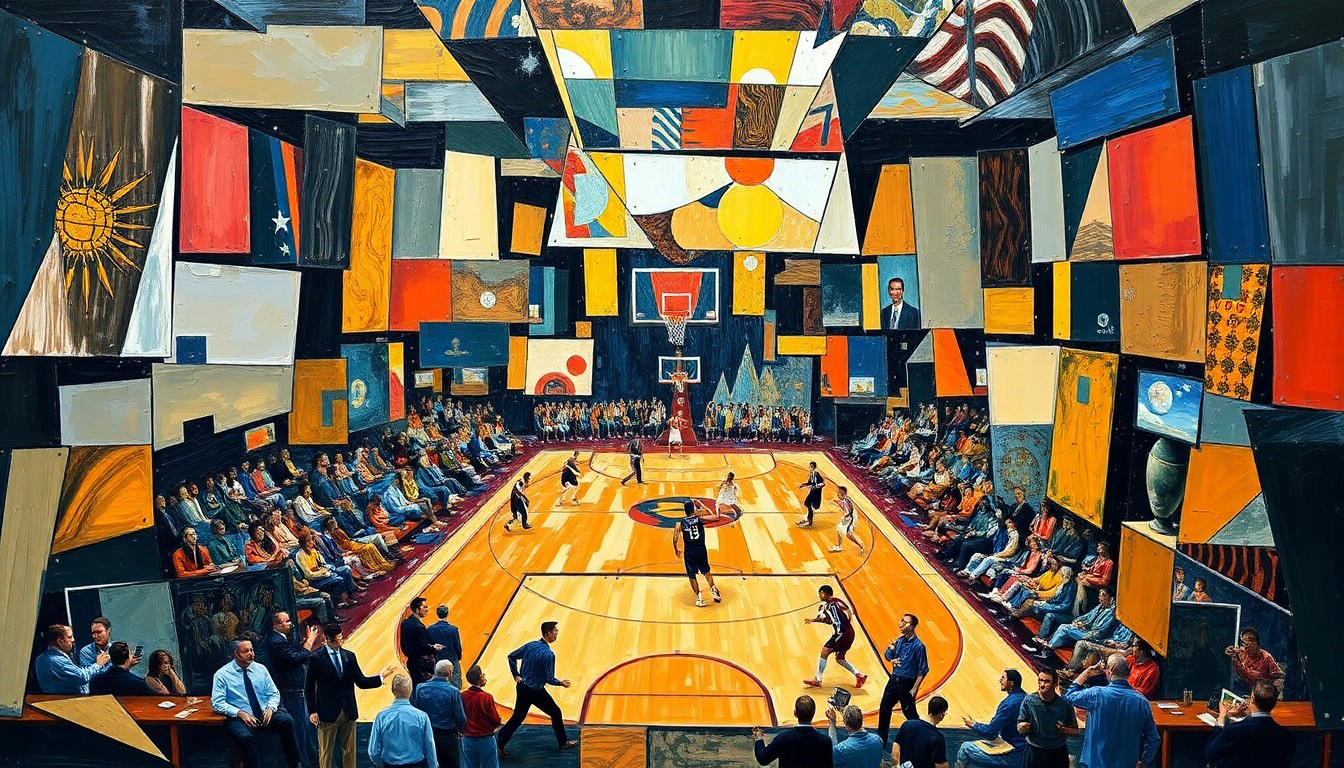 A cubist-style painting featuring fragmented, overlapping geometric shapes in shades of orange, blue, and green, conceptually representing the energy and athleticism of a basketball game.
