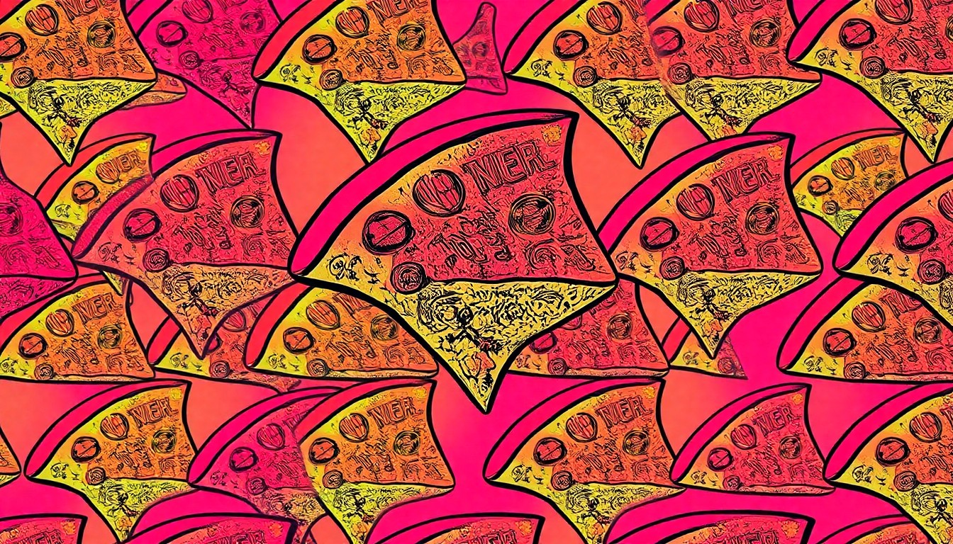 A brightly colored, high-contrast silkscreen print of a single, iconic New Haven-style apizza slice repeated in a tight grid pattern, utilizing flat, vibrant, and unnatural neon color palettes overlapping with heavy black photographic outlines to turn the everyday pizza into modern pop art.