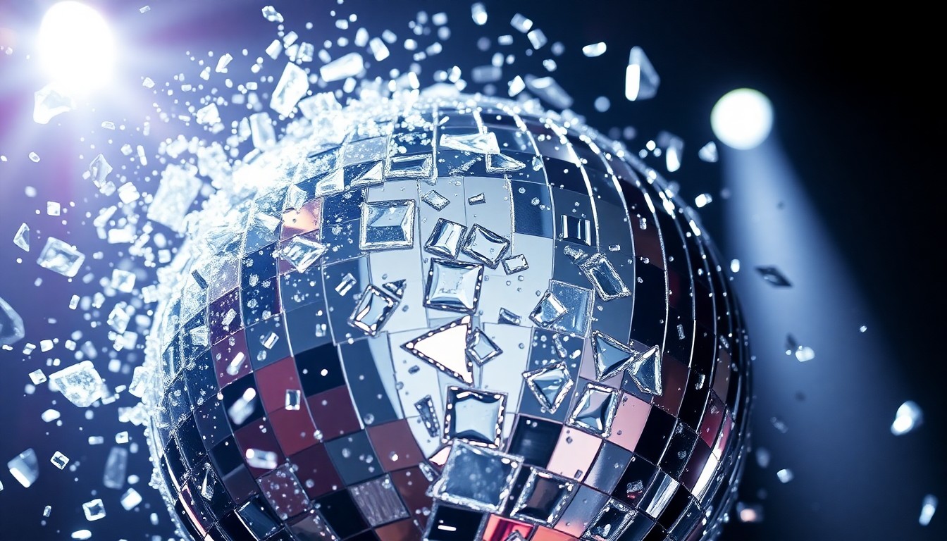 An abstract close-up photograph of shimmering, shattered glass fragments in dramatic studio lighting, conveying the high-stakes glamour of the Chris Brown and Usher co-headlining tour announcement.