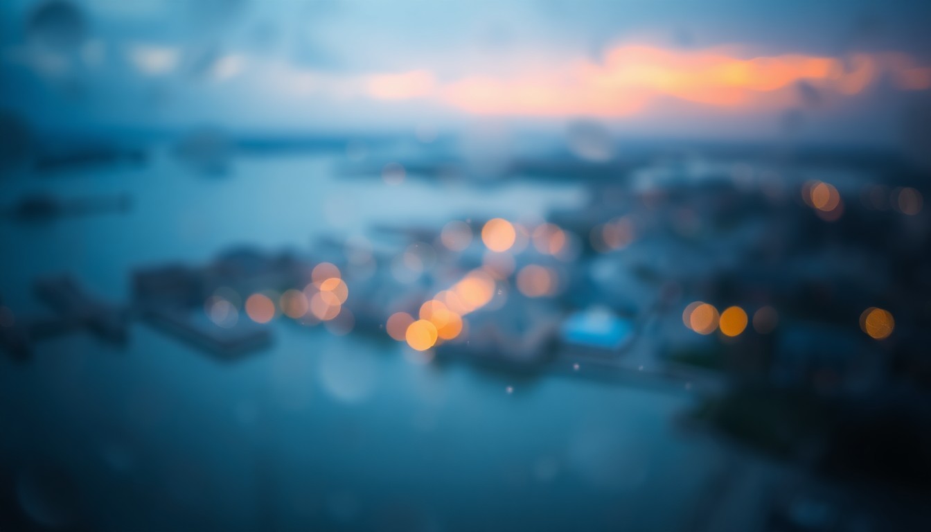 An abstract, impressionistic scene of soft, blurred light and color, evoking the coastal setting and energy challenges facing the town of Cedar Key.